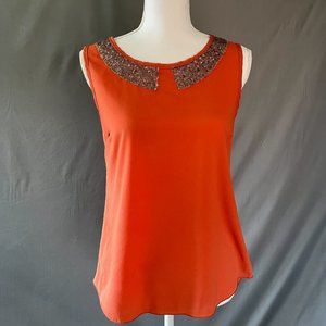 Pearl Size S Orange Sleeveless Blouse with Rose Gold Sequin Collar Detail